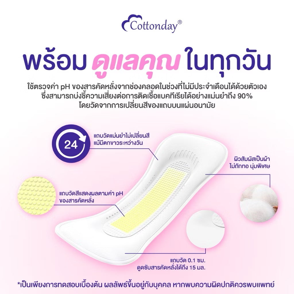 Cottonday pH Self Test Liners 6 ชิ้น แผ่นอนามัยวัด pH ในจุดซ่อนเร้น 18 ซม. ผลิตภัณฑ์นี้มิได้เป็น