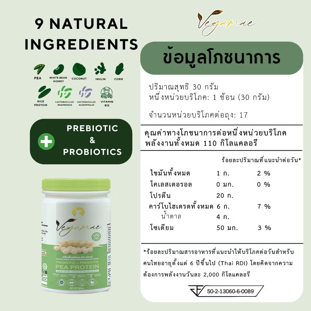 โปรตีนเวกาเม่ Vegamae เวกาเม่ โปรตีนพืชถั่วลันเตาสีทองไม่ผสมถั่วเหลือง มีพรีไบโอและโพรไบโอไฟเบอร์ช่วยการขับถ่าย